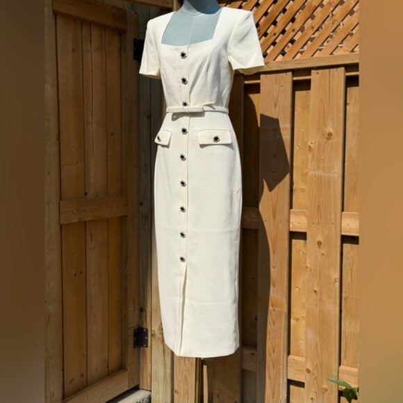 🆕 SELF-PORTRAIT 🧿 BNWOT Cream Ecru Crepe Buttoned Midi Dress, Sz UK 6/ US 2 - Picture 2 of 14